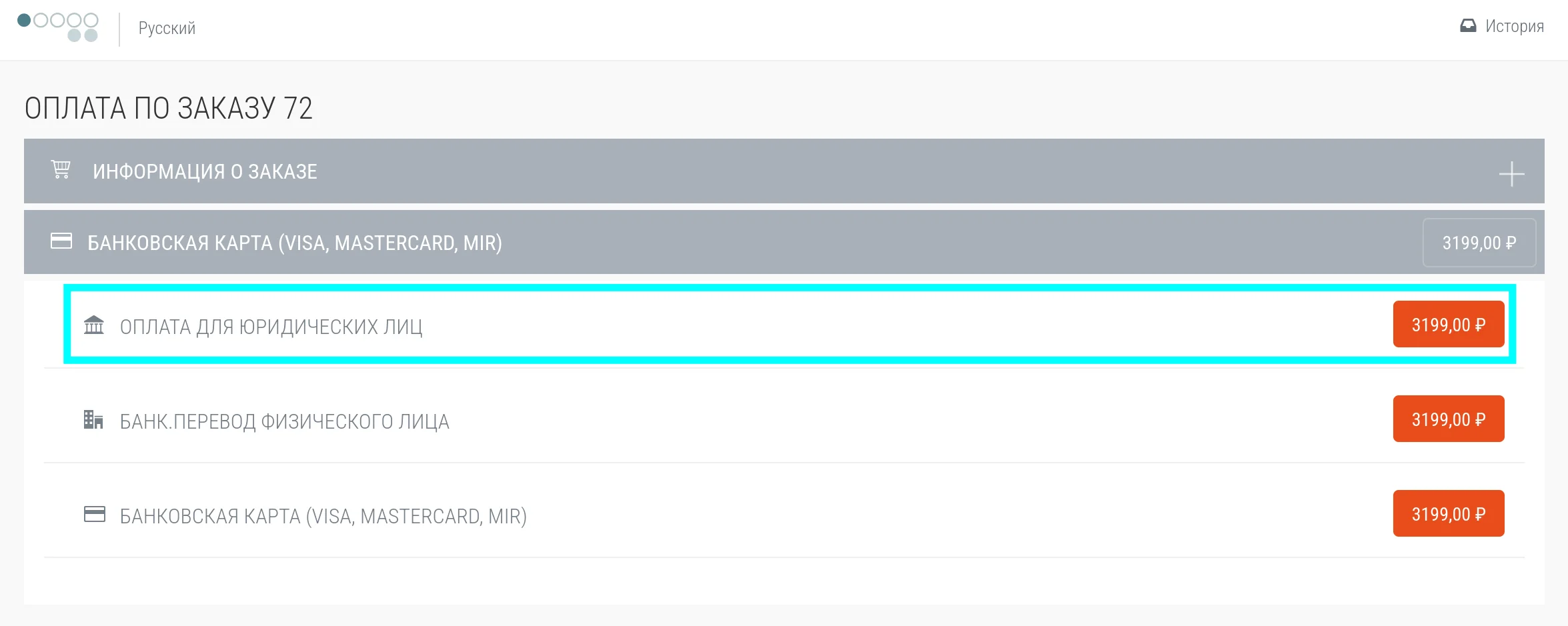 Выбор оплаты для юрлиц